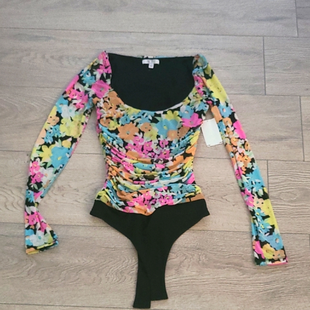 NWT AFRM Pink and Black Long Sleeve Fitted Bodysuit XS